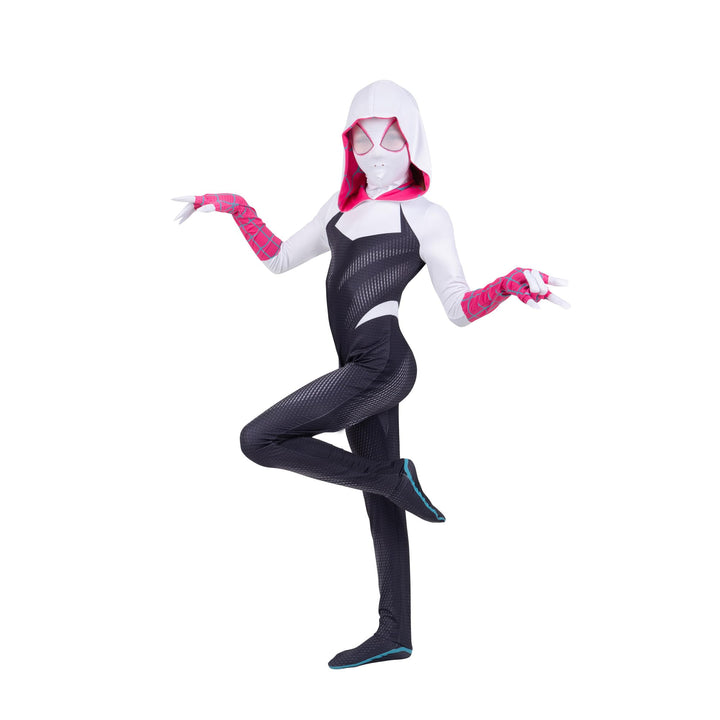 Marvel Spider-Gwen Official Youth Zentai Costume - Hooded Spandex Jumpsuit with Printed Design and Pull On Spandex Mask Extra Large