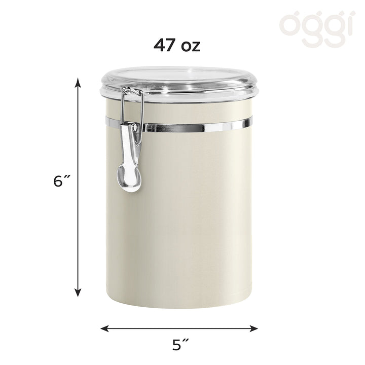 Oggi Stainless Steel Kitchen Canister 47 fl oz, Gray - Airtight Clamp Lid, Clear See-Thru Top - Ideal for Kitchen Storage, Food Storage, Pantry Storage. Large Size 5" x 6". Warm Gray 52-ounce Airtight Canister