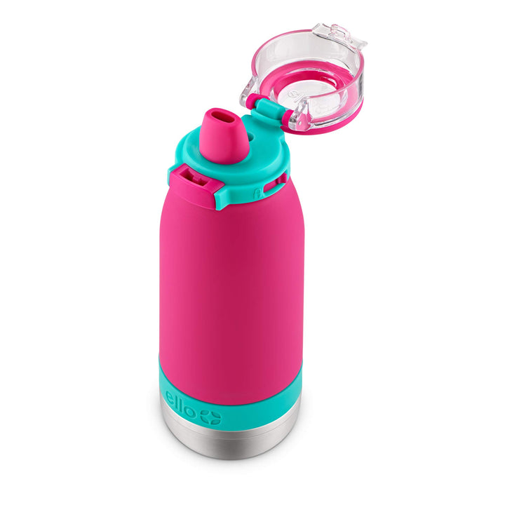 Ello Emma 14oz Vacuum Insulated Stainless Steel Kids Water Bottle with Straw and Built-in Carrying Handle and Leak-Proof Locking Lid for School Backpack, Lunchbox and Outdoor Sports Tropic Pink