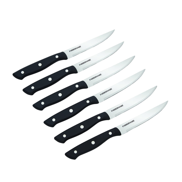 Farberware Triple Riveted Steak Knife Set, 6-Piece, High-Carbon Stainless Steel Knife Set, Razor-Sharp Steak Knife Set with Fine Edge Blades, Black 6 Piece