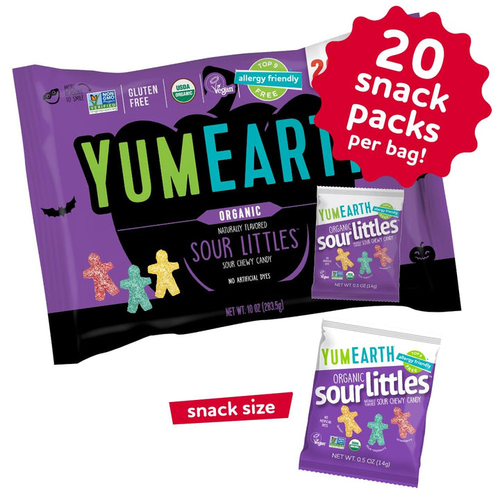 YumEarth Halloween Organic Sour Littles Chewy Candy - Allergy Friendly (Top 9 Free), No Artificial Dyes or Flavors, Non GMO, Gluten Free, Vegan Candy Snacks, Individually Wrapped - 10 oz. (Pack of 20) 20 Count