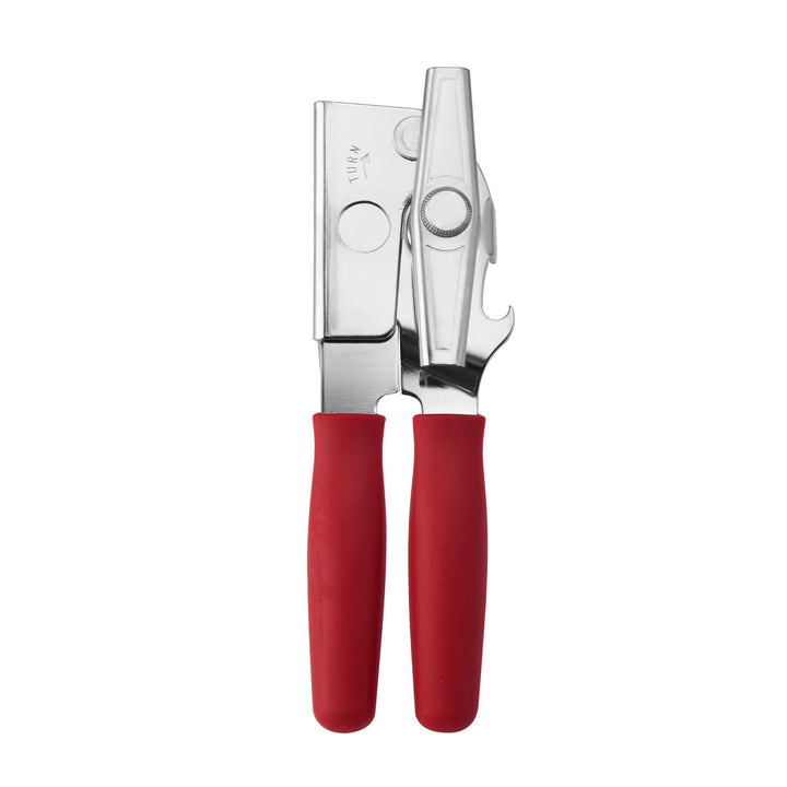 Portable Can Opener, Features an Ergonimic Handle for Optimal Comfort, and Built-in Bottle Opener for a 2-in-1 Tool, Durable Cutting Wheel, Red Portable