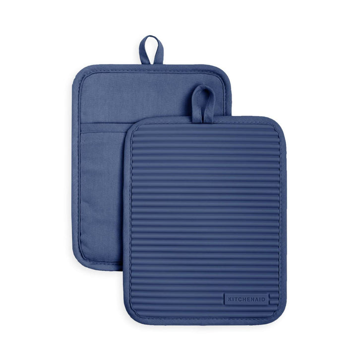 KitchenAid Ribbed Soft Silicone Pot Holder Set, Blue Willow 7"x9" 7"x9"