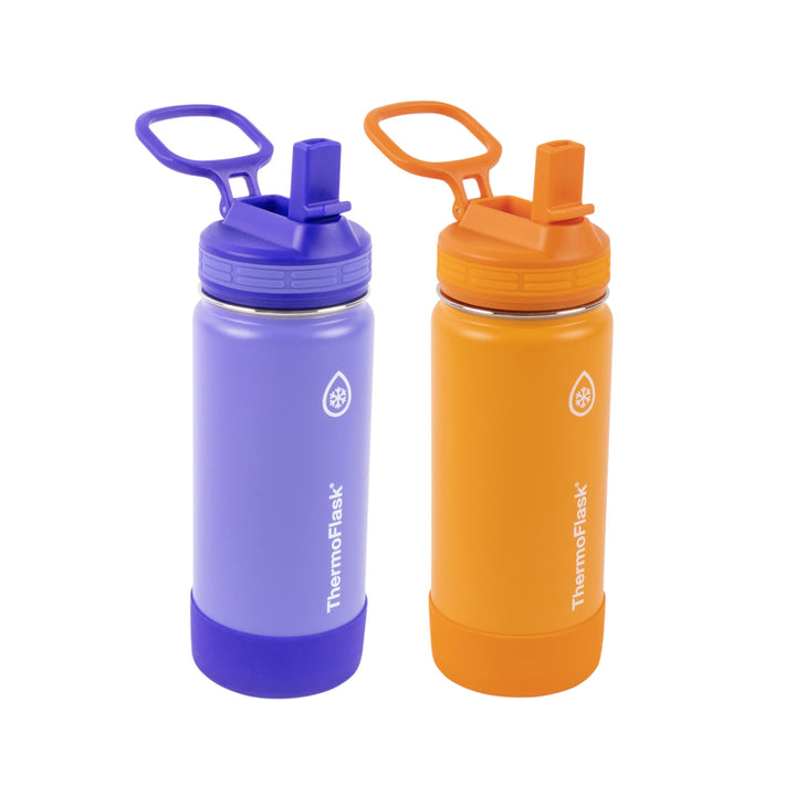 ThermoFlask 16 oz Double Wall Vacuum Insulated Stainless Steel 2-Pack of Water Bottles, Purple/Orange