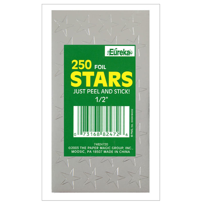 Eureka Back to School Classroom Supplies, Presto-Stick Silver Star Stickers, 1/2'', 250 pcs Silver/1/2"