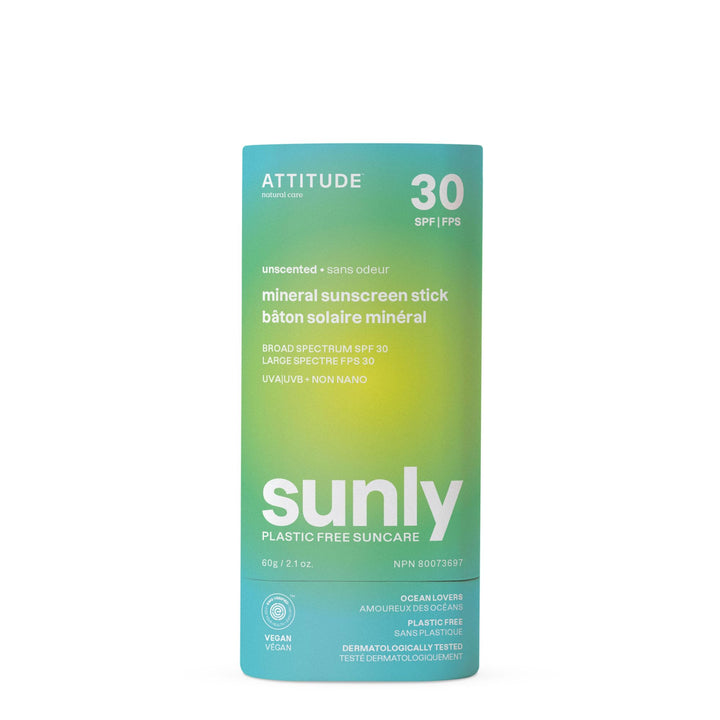 ATTITUDE Mineral Sunscreen Stick with Zinc Oxide, SPF 30, EWG Verified, Plastic-Free, Broad Spectrum UVA/UVB Protection, Dermatologically Tested, Vegan, Unscented, 2.1 Ounces 2.11 Ounce (Pack of 1)