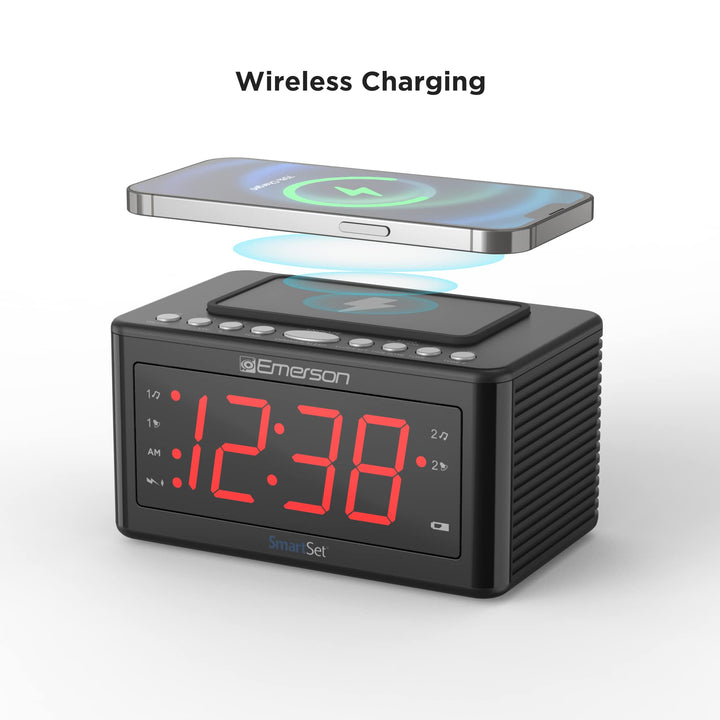 Emerson Smartset Wireless Charging Alarm Clock Radio Featuring a Large 1.4" Red LED Display and Temperature Sensor, FM Radio, Black CKSW0555