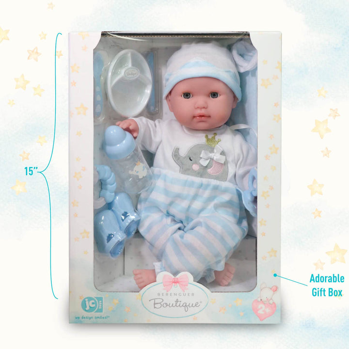 15" Realistic Soft Body Baby Doll with Open/Close Eyes | JC Toys - Berenguer Boutique | 10 Piece Gift Set with Bottle, Rattle, Pacifier & Accessories | Blue | Ages 2+ Blue Gift Set