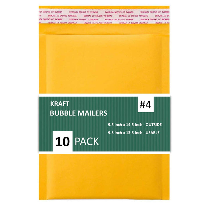 #4 Kraft Bubble Mailers 9.5X14.5 Inches Shipping Padded Envelopes Self Seal Waterproof Cushioned Mailer 10 Pack,KBMVR_9.5X14.5-10 Gold #4 9.5X14.5