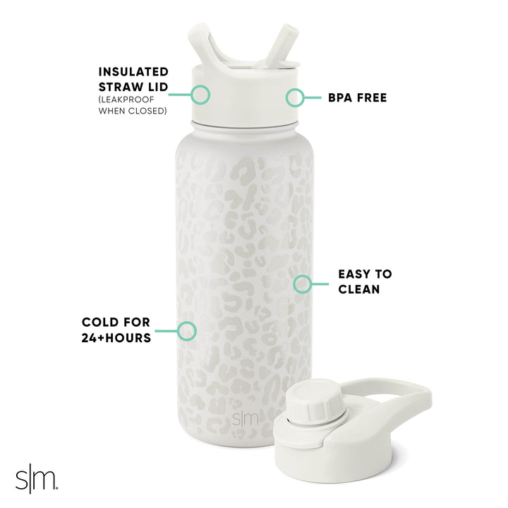 Simple Modern Water Bottle with Straw and Chug Lid Vacuum Insulated Stainless Steel Metal Thermos Bottles | Reusable Leak Proof BPA-Free Flask for Sports Gym | Summit Collection | 32oz, Cream Leopard Pattern: Cream Leopard 32oz (2 Lids)