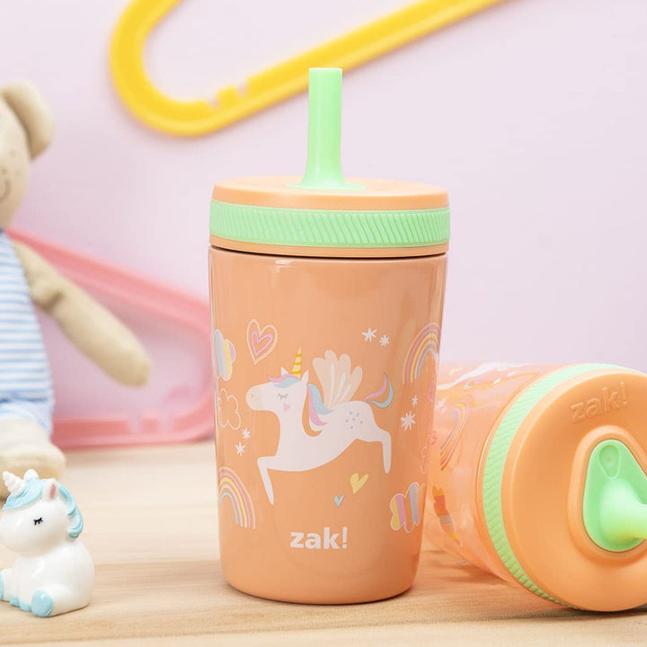 Zak Designs Unicorn Kelso Tumbler Set, Leak-Proof Screw-On Lid with Straw, Bundle for Kids Includes Plastic and Stainless Steel Cups with Bonus Sipper, 3pc Set, Non-BPA, 15 fl.oz. Classic