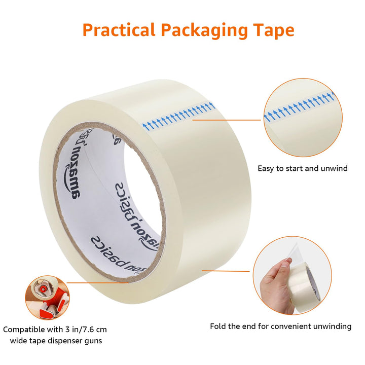 Basics Packing Tape, 2 in x 60 yards, 2.7mil Thickness (12-Roll), Clear, Ideal for Packaging, Shipping, Moving and Storing