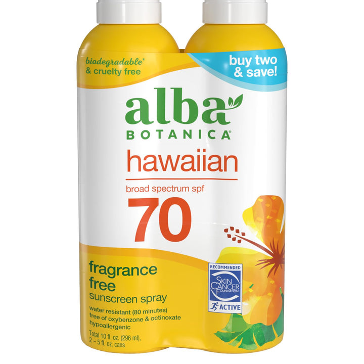 Alba Botanica Hawaiian Coconut Sunscreen, Spray Broad Spectrum SPF 70 Sunscreen, Water Resistant and Biodegradable 5 fl oz Bottle (Pack of 2) 5 Fl Oz (Pack of 2)