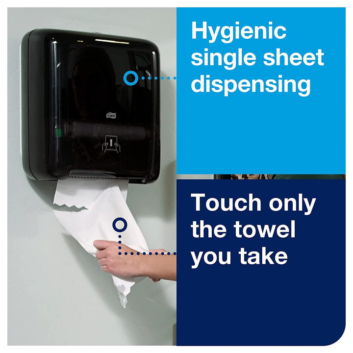 Tork Matic Hand Towel Roll Dispenser 5510282 - H1, Black + Tork Matic Extra Soft Paper Hand Towel Roll White with Blue Leaf H1, Premium, High Absorbency, 6 Rolls x 300 ft, 290094 Bundle - Hand Towels + Dispenser (Black)