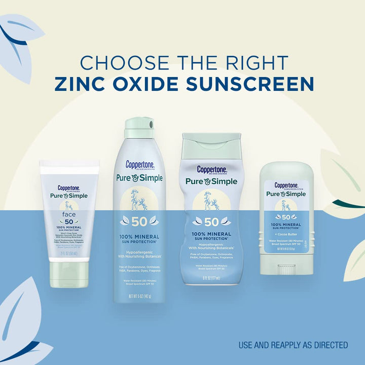 Coppertone Pure and Simple Zinc Oxide Mineral Sunscreen Lotion SPF 50, Body Sunscreen, Water Resistant, Broad Spectrum SPF 50 Sunscreen for Sensitive Skin, 6 Fl Oz Bottle 6 Fl Oz (Pack of 1)