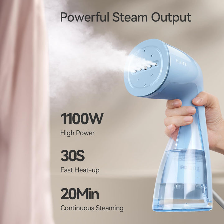 HiLIFE Steamer for Clothes, 1100W Clothes Steamer with Large 300ml Tank, Handheld Clothing Steamer, Fabric Wrinkle Remover, Portable & Compact Travel Size Garment Steamer ONLY FOR 120V (Blue) E-Blue