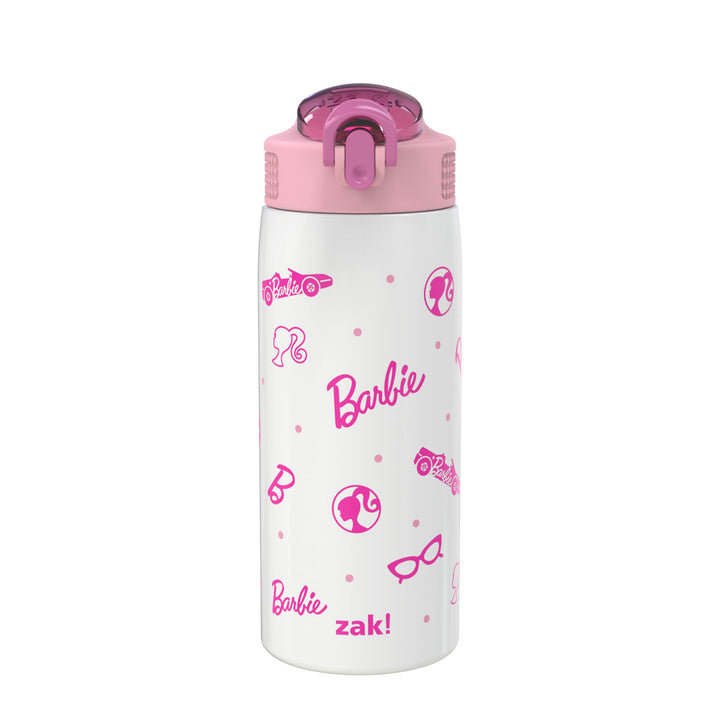 Zak Designs Barbie Water Bottle for Travel and At Home, 19 oz Vacuum Insulated Stainless Steel with Locking Spout Cover, Built-In Carrying Loop, Leak-Proof Design (Barbie)