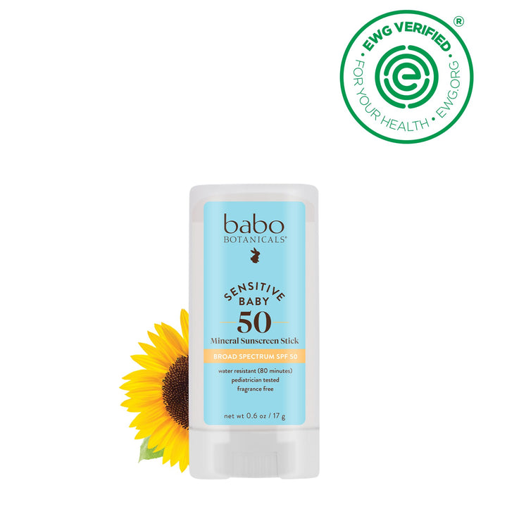 Babo Botanicals Sensitive Baby Mineral Sunscreen Stick SPF 50-70% Organic Ingredients - Zinc Oxide - NSF & Made Safe Certified - EWG Verified - Water Resistant - Fragrance-Free - for Babies & Kids 0.6 Ounce (Pack of 1)