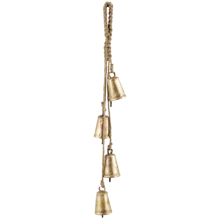 Deco 79 Gold Metal Tibetan Inspired String Hanging Decorative Bells with Jute Hanging Rope 4" x 8" x 52" - Cone 52" x 4" x 8"