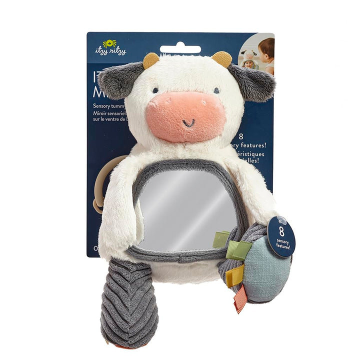 Itzy Ritzy Sensory Tummy Time Toy Mirror - Features Crinkle & Jingle Sounds, Multiple Textures and Mirror for Self-Discovery, Infant Toy for Ages 0 Months and Up, Cow