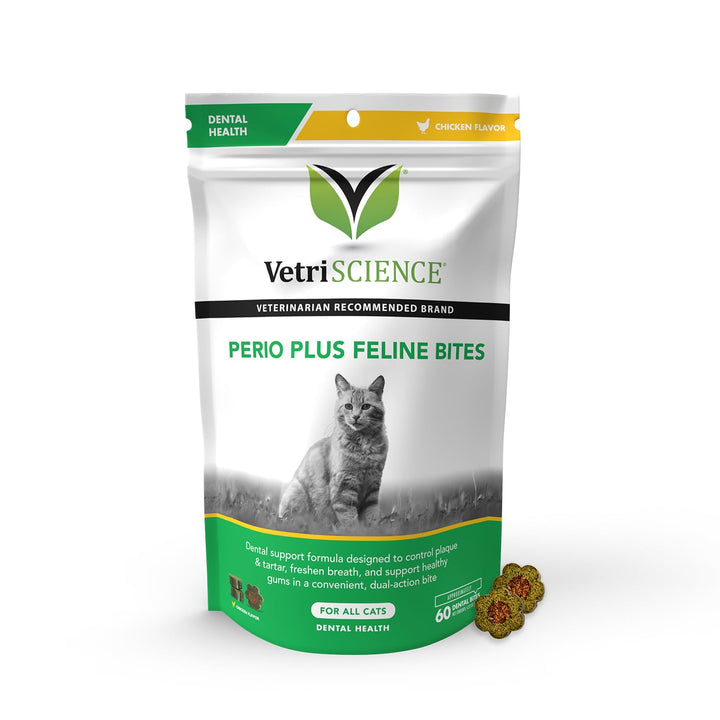 VetriScience Perio Plus Cat Teeth Cleaning Bites - Advanced Cat Breath Freshener - Dual Action Cat Dental Care Formula for Plaque Control & Fresh Breath, 60 Chews, Chicken Flavor 60 Count (Pack of 1)