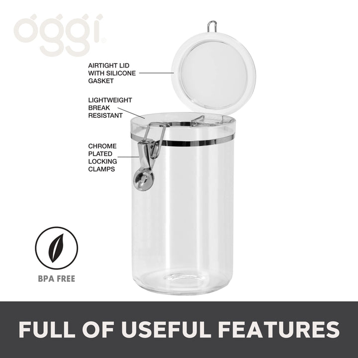 OGGI Large Clear Canister with Clamp Lid, 72 oz - Large Airtight Food Storage Container, for Kitchen & Pantry Storage of Bulk, Dry Foods, Pasta, Flour, Sugar, Coffee, Rice, Tea, Spices & Herbs 73-Ounce