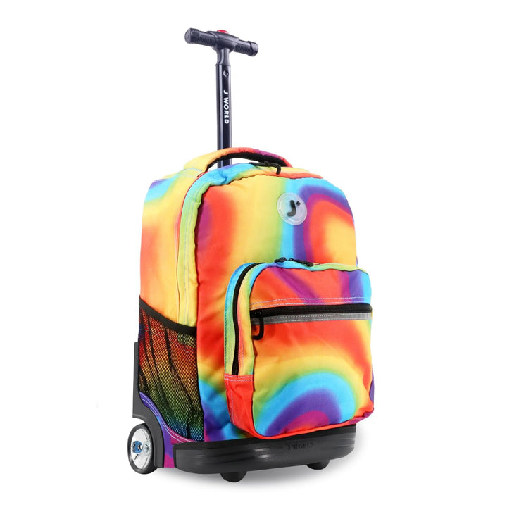 J World New York Sunrise Kids Rolling Backpack for Girls Boys Teen. Roller Bookbag with Wheels, Heat, 18"