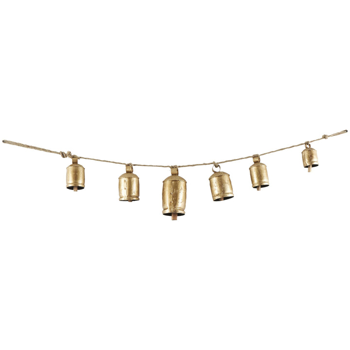 Deco 79 Gold Metal Tibetan Inspired String Hanging Decorative Bells with Jute Hanging Rope 4" x 8" x 52" - Cone 52" x 4" x 8"