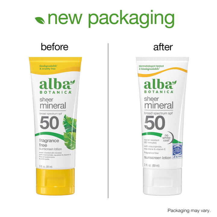 Alba Botanica Sheer Mineral Sunscreen Lotion, Broad Spectrum SPF 50, Fragrance Free, 3 fl oz 3 Fl Oz (Pack of 1)