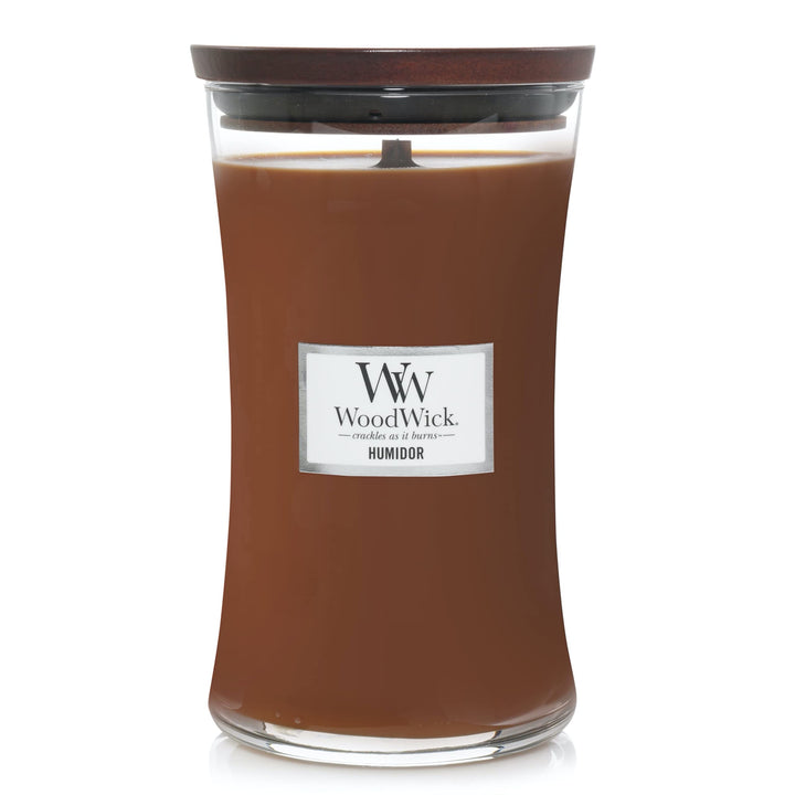 WoodWick Large Hourglass Candle, Humidor - Premium Soy Blend Wax, Pluswick Innovation Wood Wick, Made in USA & Large Hourglass Candle, Coastal Sunset - Premium Soy Blend Wax