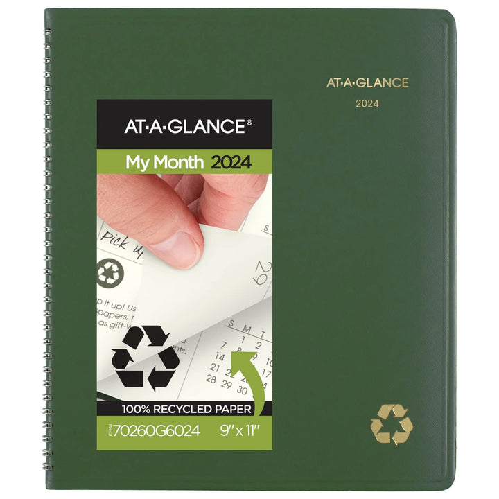 AT-A-GLANCE 2024 Monthly Planner, 9" x 11", Large, Spiral Bound, Recycled, Monthly Tabs, Green (70260G6024) 2024 New Edition