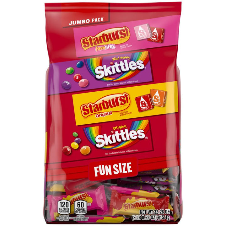 SKITTLES Original, SKITTLES Wild Berry & STARBURST Original and STARBURST FaveReds Nut Free Halloween Fun Size Chewy Candy Individually Wrapped Trick or Treat Variety Bag, 32.28 Oz Jumbo Pack