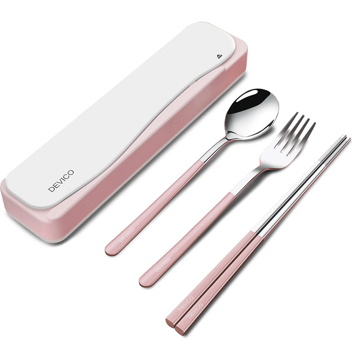 DEVICO Travel Utensils With Case, 18/8 Stainless Steel Camping Utensils, Reusable Portable Silverware Cutlery Set For Lunch Box, Include Fork Spoon Chopsticks -Red