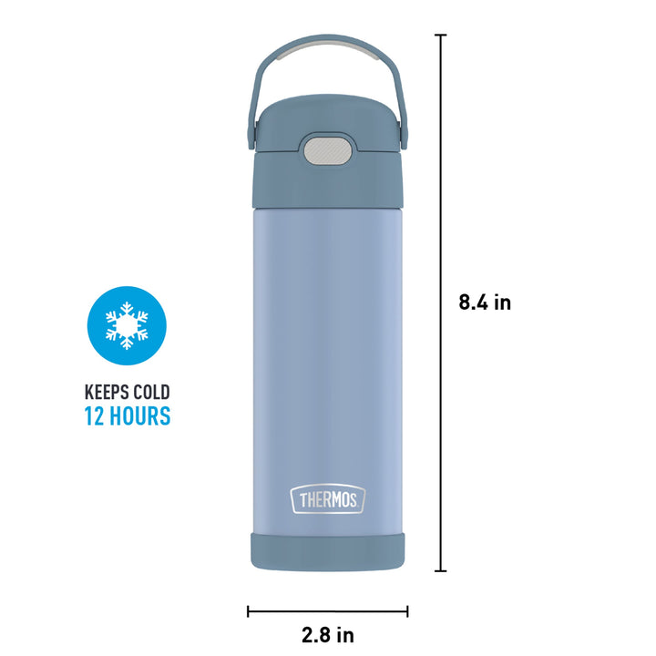 THERMOS FUNTAINER 16 Ounce Stainless Steel Vacuum Insulated Bottle with Wide Spout Lid, Denim Blue