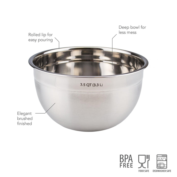 Tovolo Stainless Steel Deep Mixing, Easy Pour With Rounded Lip Kitchen Metal Bowls for Baking & Marinating, Dishwasher-Safe, 3-1/2-Quart