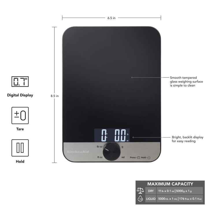 KitchenAid KQ908 Glass Surface 11 Pound Capacity Digital Kitchen and Food Scale, Black