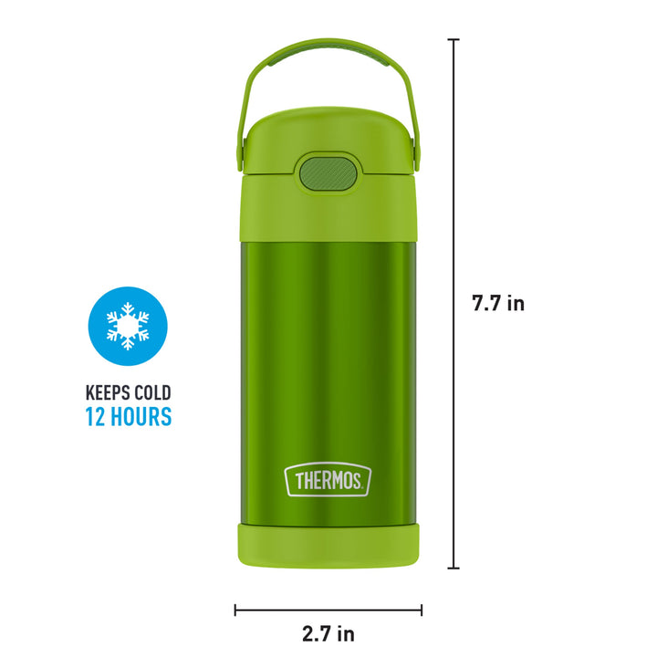 THERMOS FUNTAINER Water Bottle with Straw - 12 Ounce, Lime - Kids Stainless Steel Vacuum Insulated Water Bottle with Lid FUNTAINER 12 Ounce Bottle