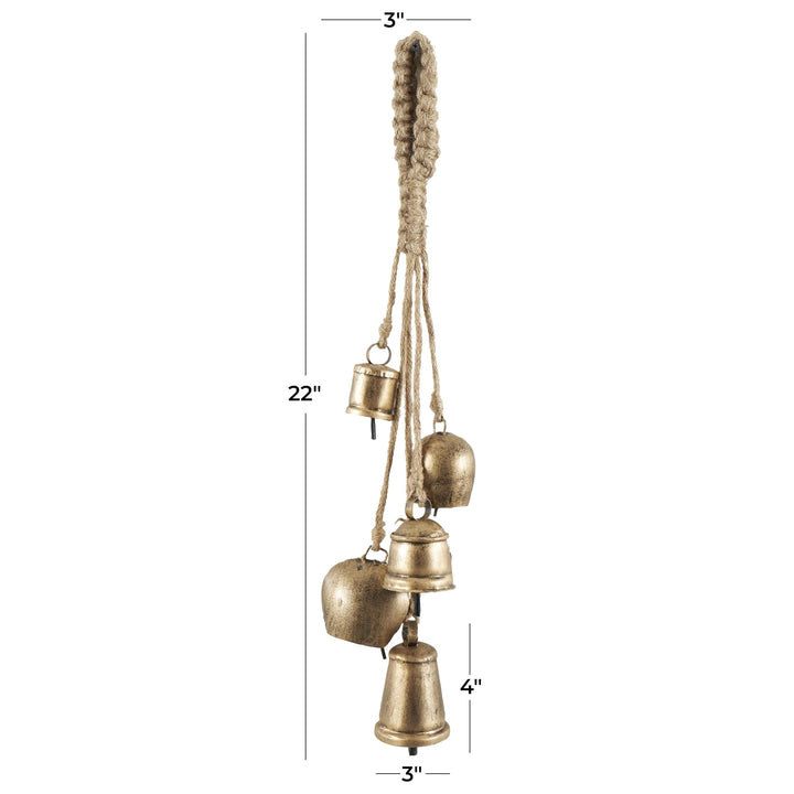 Deco 79 Gold Metal Tibetan Inspired String Hanging Decorative Bells with Jute Hanging Rope 4" x 8" x 52" - Cone 52" x 4" x 8"