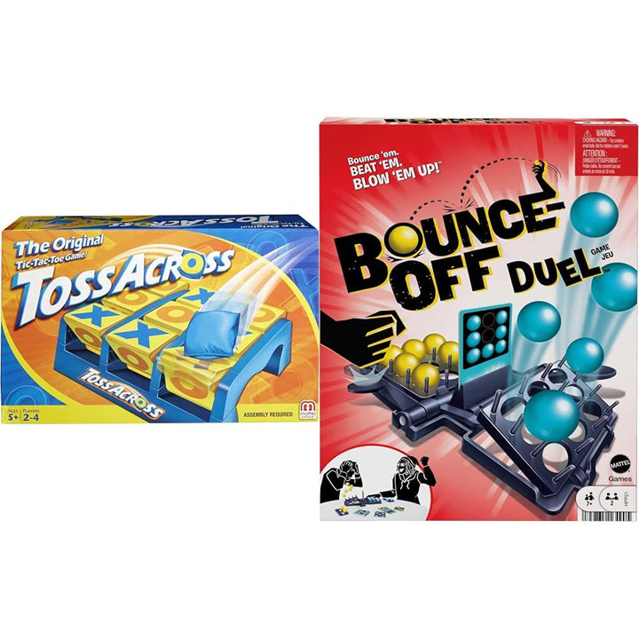 Bundle of Mattel Games Toss Across Kids Outdoor Game, Bean Bag Toss, Get Three-in-a-Row 2-4 Players + Bounce-Off Duel 2-Player Game for Kids, Teens & Adults, Slam The Paddles & Balls Pop Out Toss Across + Bounce-off Duel