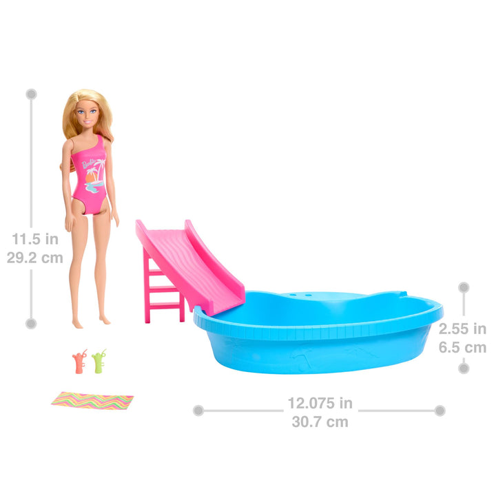 Barbie Doll & Pool Playset, Blonde in Tropical Pink One-Piece Swimsuit with Pool, Slide, Towel & Drink Accessories