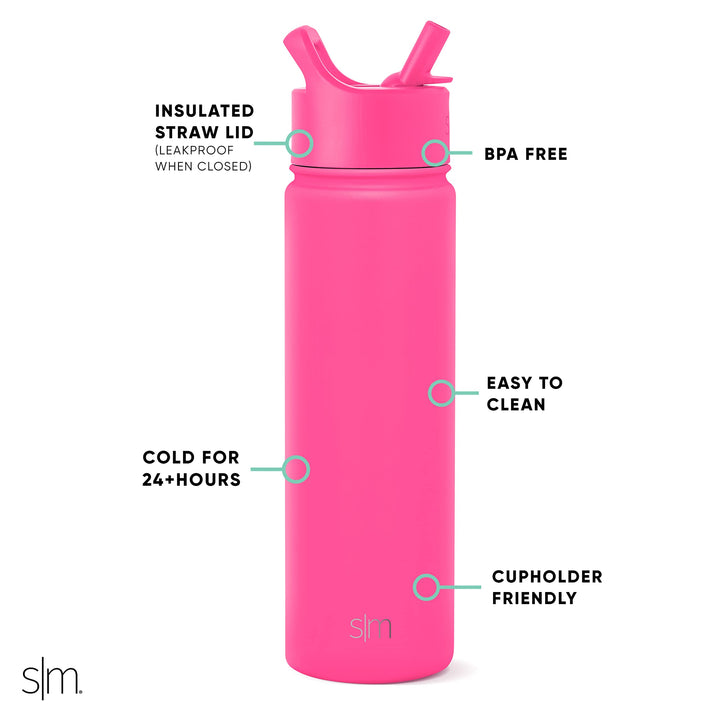 Simple Modern Water Bottle with Straw Lid Vacuum Insulated Stainless Steel Metal Thermos Bottles | Reusable Leak Proof BPA-Free Flask for Gym Sports | Summit Collection | 22oz, Raspberry Vibes -Raspberry Vibes