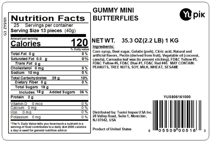 Yupik Mini Butterflies Gummies, 2.2 Lb, Made In The United States, Halloween & Easter Treats, Assorted Mix 2.2 lb (Pack of 1)