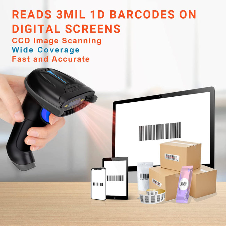 Tera Pro 1D Wireless Barcode Scanner 3 in 1 Bluetooth & 2.4G Wireless & USB Wired CCD Cordless 2500 Pixel Bar Code Reader with Battery Level Indicator for Windows Mac Android iOS Model T5100C Blue 2500C CCD