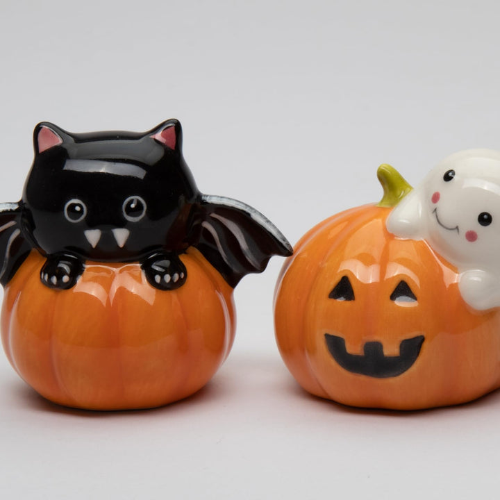 21058 Fine Ceramic Halloween Casper & Bat Dracula on Pumpkin Salt & Pepper Shakers Set, 3-1/8" L