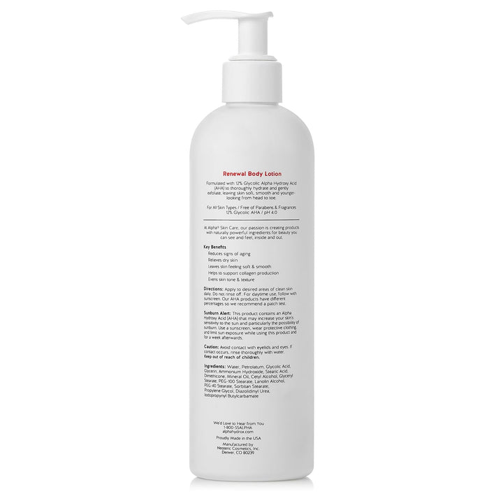 Alpha Skin Care Revitalizing Body Lotion with 12% Glycolic AHA, Simple and Effective Multi-Purpose Daily Moisturizer Hydrates and Exfoliates with Anti-Aging, 12 Oz