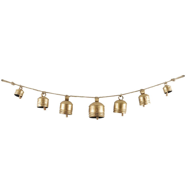 Deco 79 Gold Metal Tibetan Inspired String Hanging Decorative Bells with Jute Hanging Rope 4" x 8" x 52" - Cone 52" x 4" x 8"