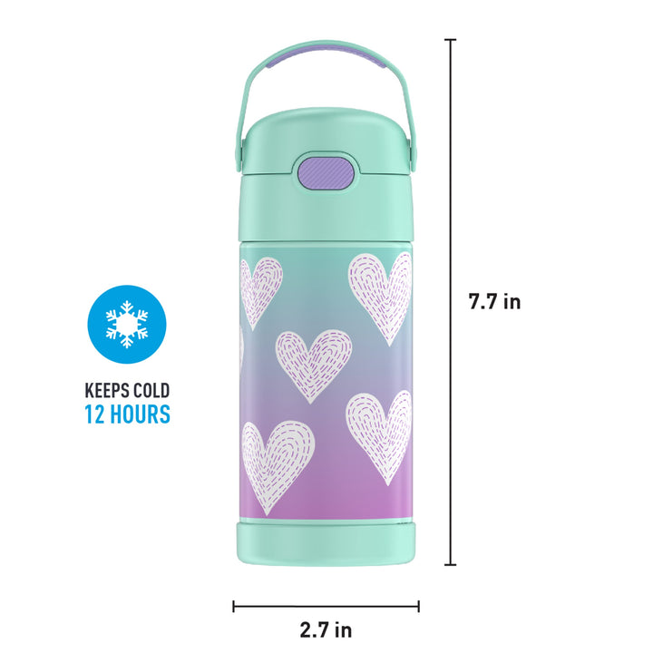 THERMOS FUNTAINER Water Bottle with Straw - 12 Ounce, Purple Hearts - Kids Stainless Steel Vacuum Insulated Water Bottle with Lid FUNTAINER 12 Ounce Bottle