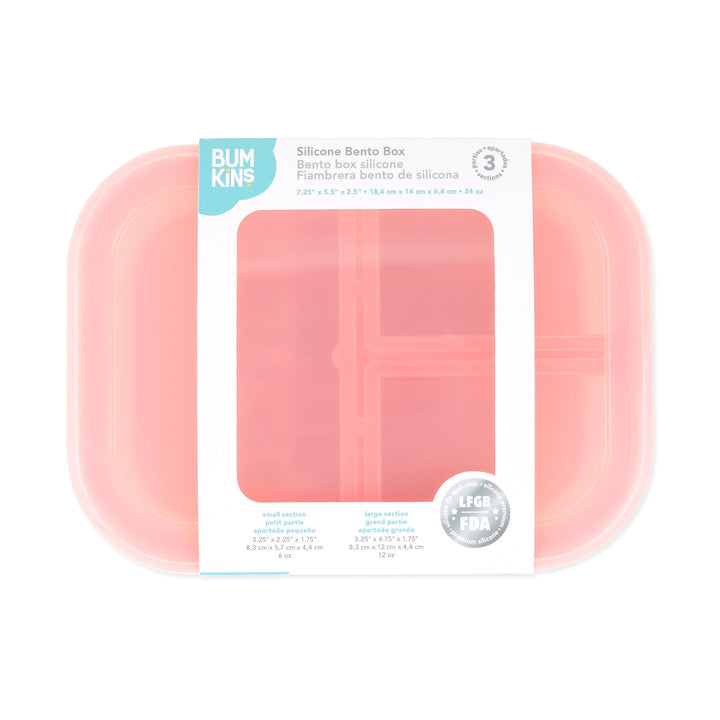 Bumkins Snack/Lunch Bento Box for Kids and Adults, 3 Compartment Container, Leak Proof Lid, for Portioning, Large Section Can Hold Sandwich, Food-Safe LFGB Platinum Silicone, Microwave-Safe, Pink Pink Jelly