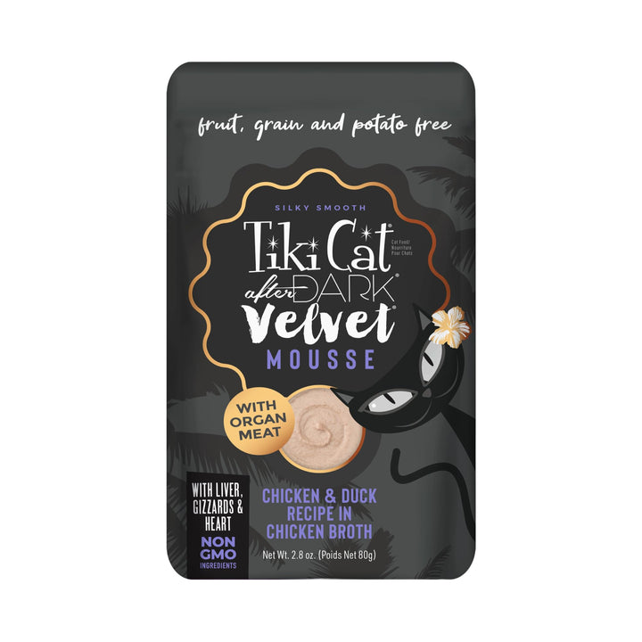 Tiki Cat After Dark, Velvet Mousse, Chicken & Beef Recipe in Chicken Broth, Grain & Potato Free Formula, with High Protein & Nutrient Dense Blended Irresistible Organ Meat, 2.8 oz. Pouch (Pack of 12)