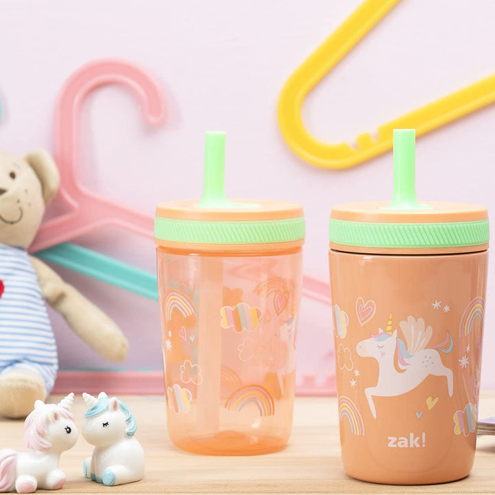 Zak Designs Unicorn Kelso Tumbler Set, Leak-Proof Screw-On Lid with Straw, Bundle for Kids Includes Plastic and Stainless Steel Cups with Bonus Sipper, 3pc Set, Non-BPA, 15 fl.oz. Classic